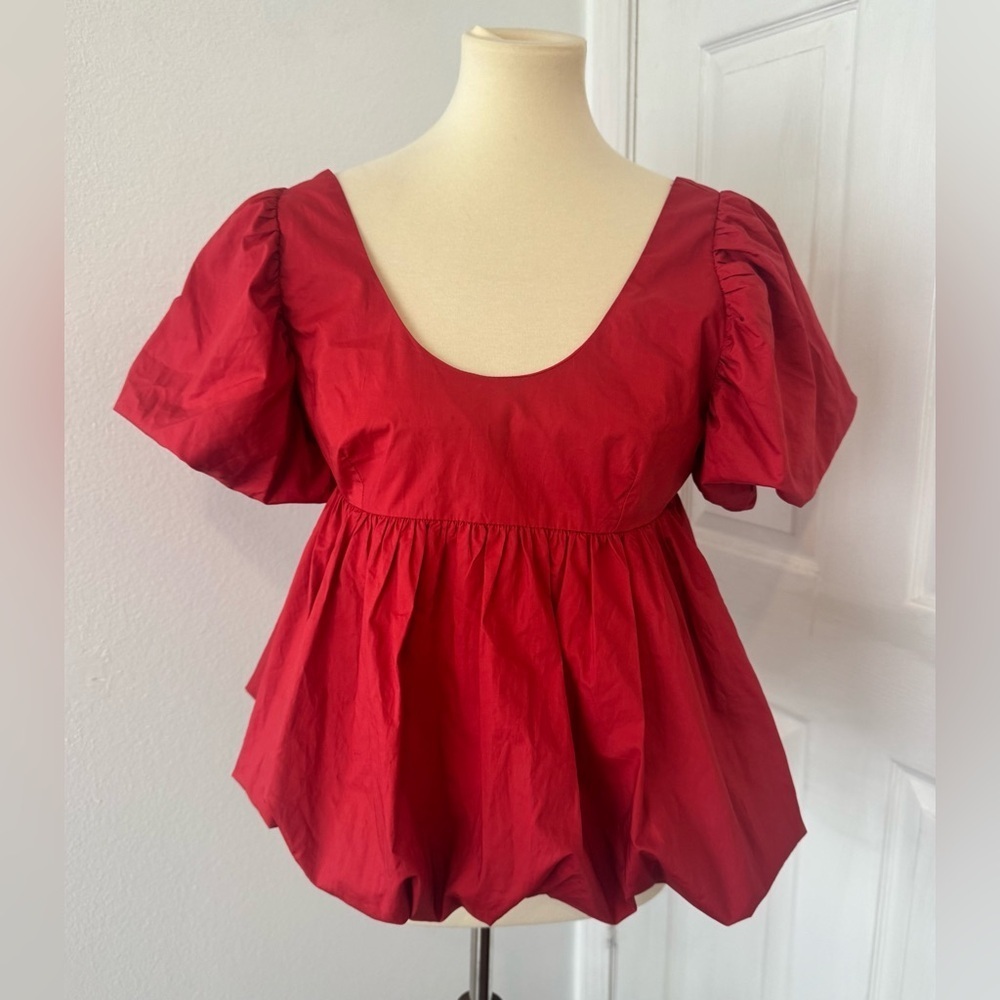 Hyacinth House Peplum Top Red Smocked Puff Sleeve Pouf Voluminous Babydoll Small